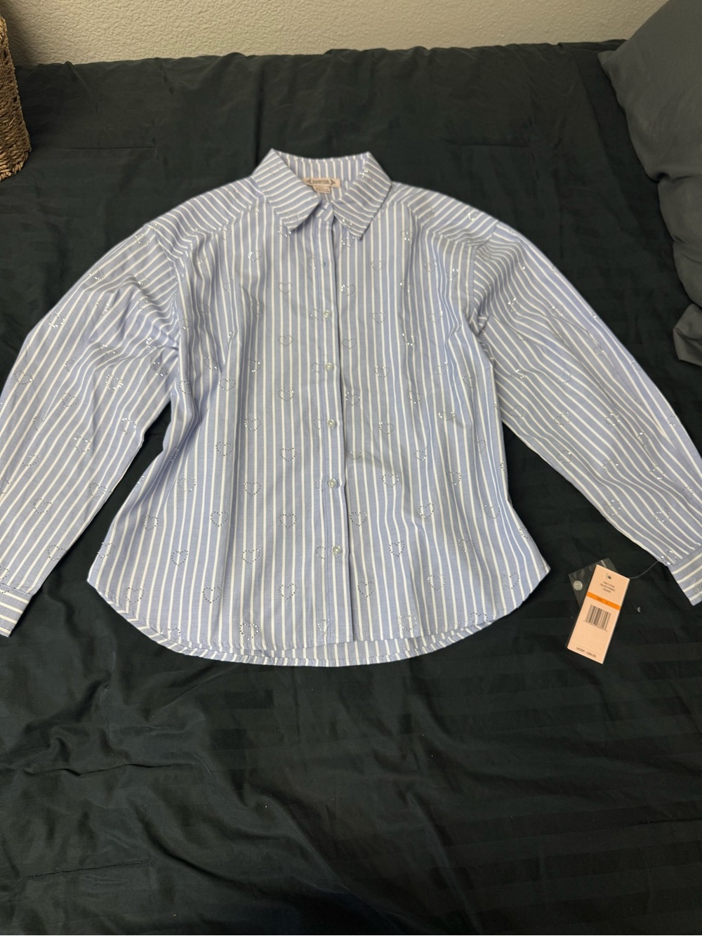 Rhinestone Hearts Nanette Lepore Blue and White Striped Button-Up Shirt
